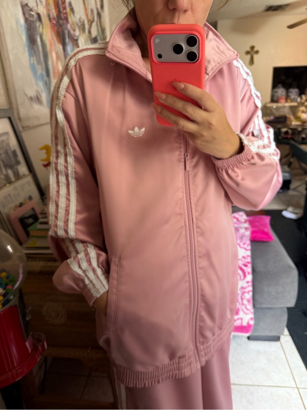 adidas Pink Women's Track Jacket and Wide-Leg Pants Satin Set - Picture 2 of 6